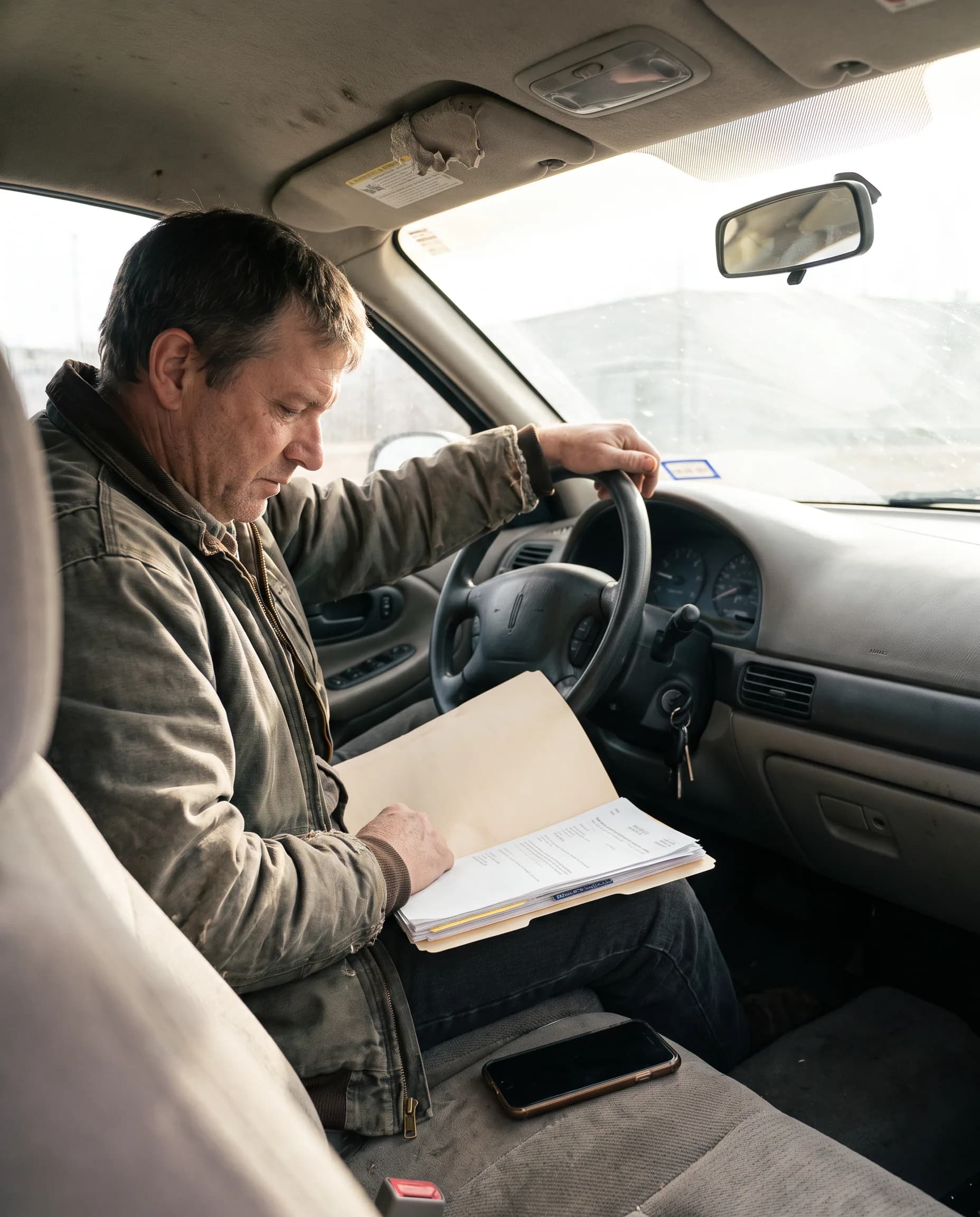 Fahrer prüft im Auto Fahrzeugdokumente auf dem Schoß, eine Hand am Lenkrad.